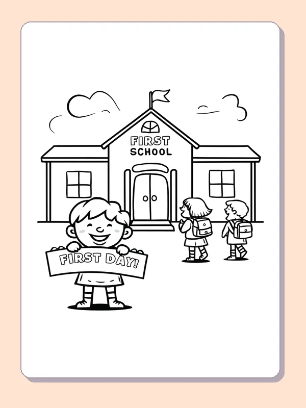 Black and white printable first day outside the school gate coloring sheet