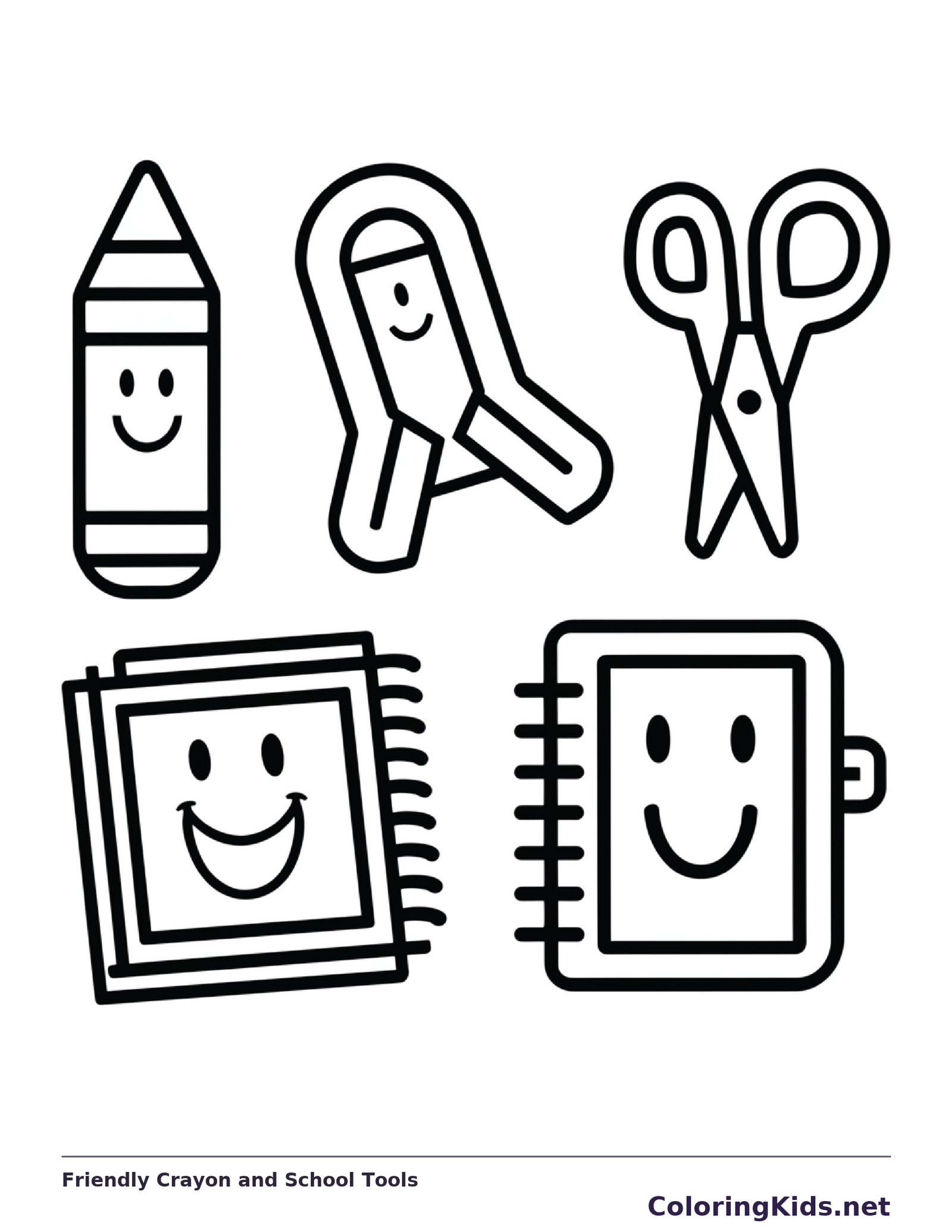 Black and white printable friendly crayon and school tools coloring sheet