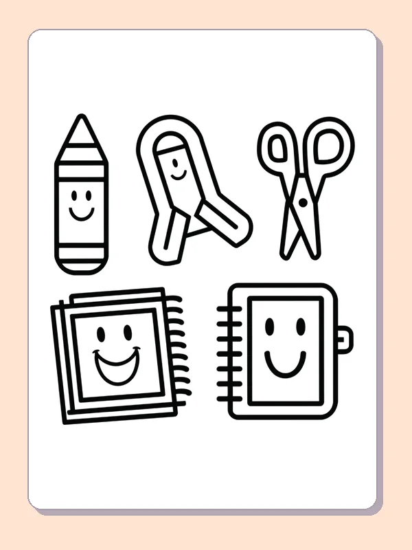 Black and white printable friendly crayon and school tools coloring sheet