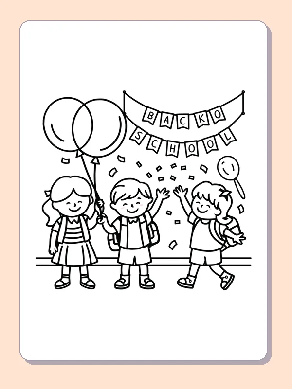 Black and white printable friends celebrate school's return coloring sheet