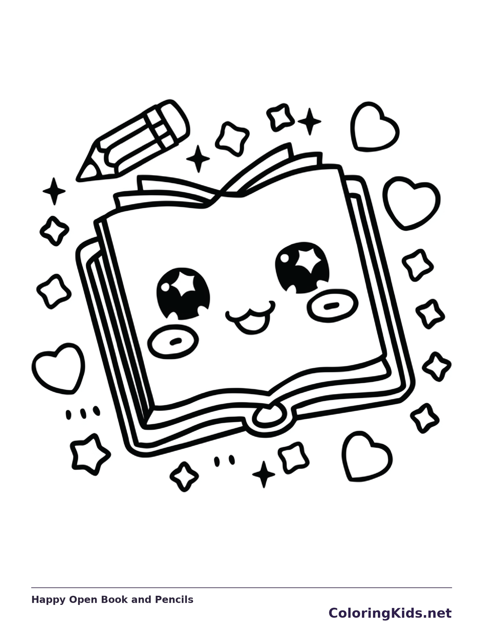 Black and white printable happy open book and pencils coloring sheet