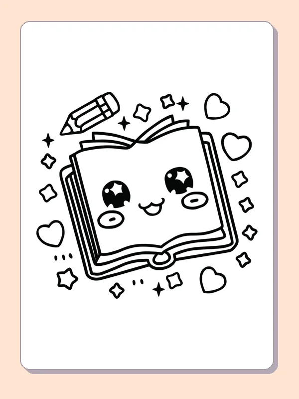 Black and white printable happy open book and pencils coloring sheet