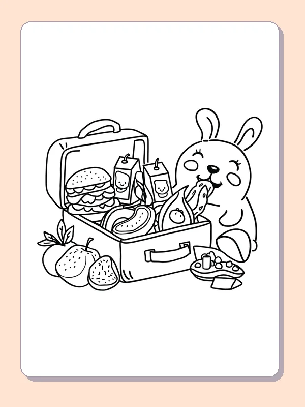 Black and white printable lunchbox beside a little rabbit coloring sheet