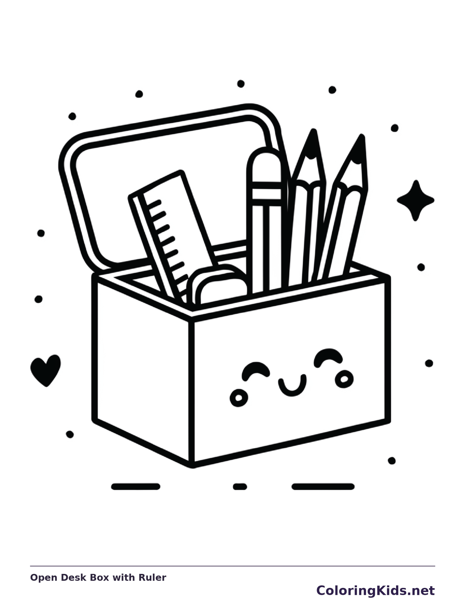 Black and white printable open desk box with ruler coloring sheet