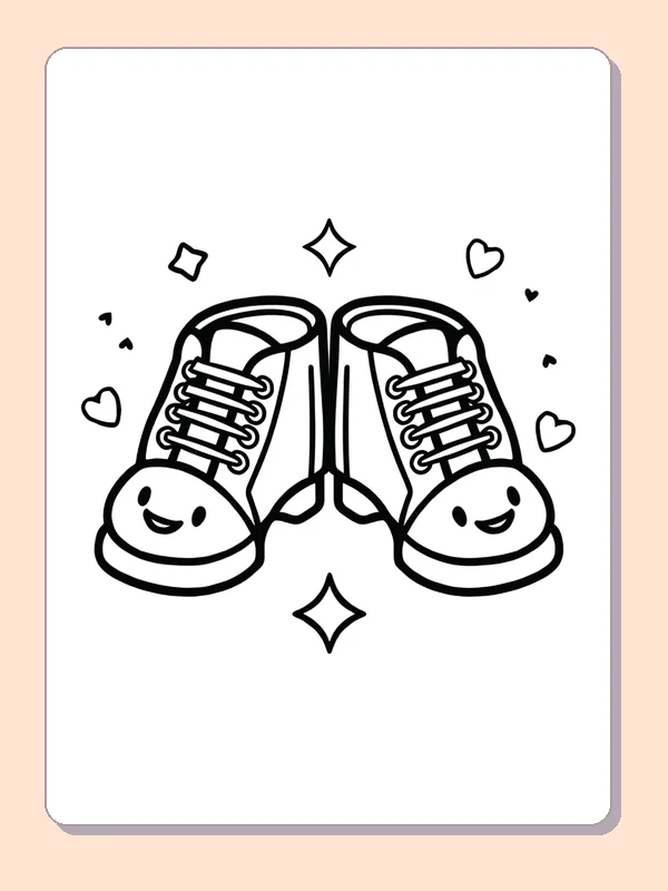 Black and white printable pair of smiling school shoes coloring sheet