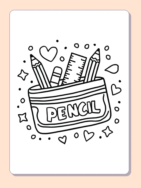 Black and white printable pencil pouch full of supplies coloring sheet