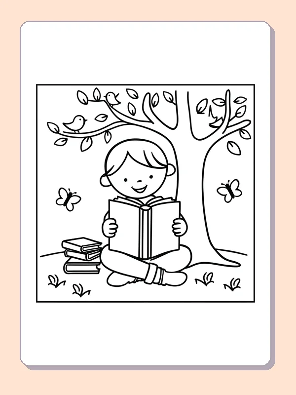 Black and white printable quiet book time under a tree coloring sheet