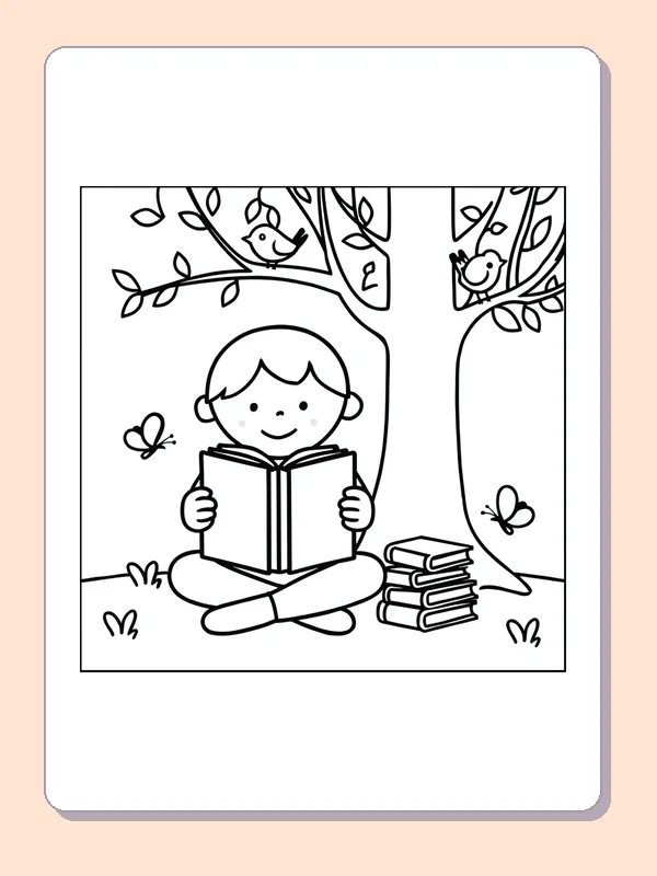 Black and white printable reading beneath the schoolyard tree coloring sheet