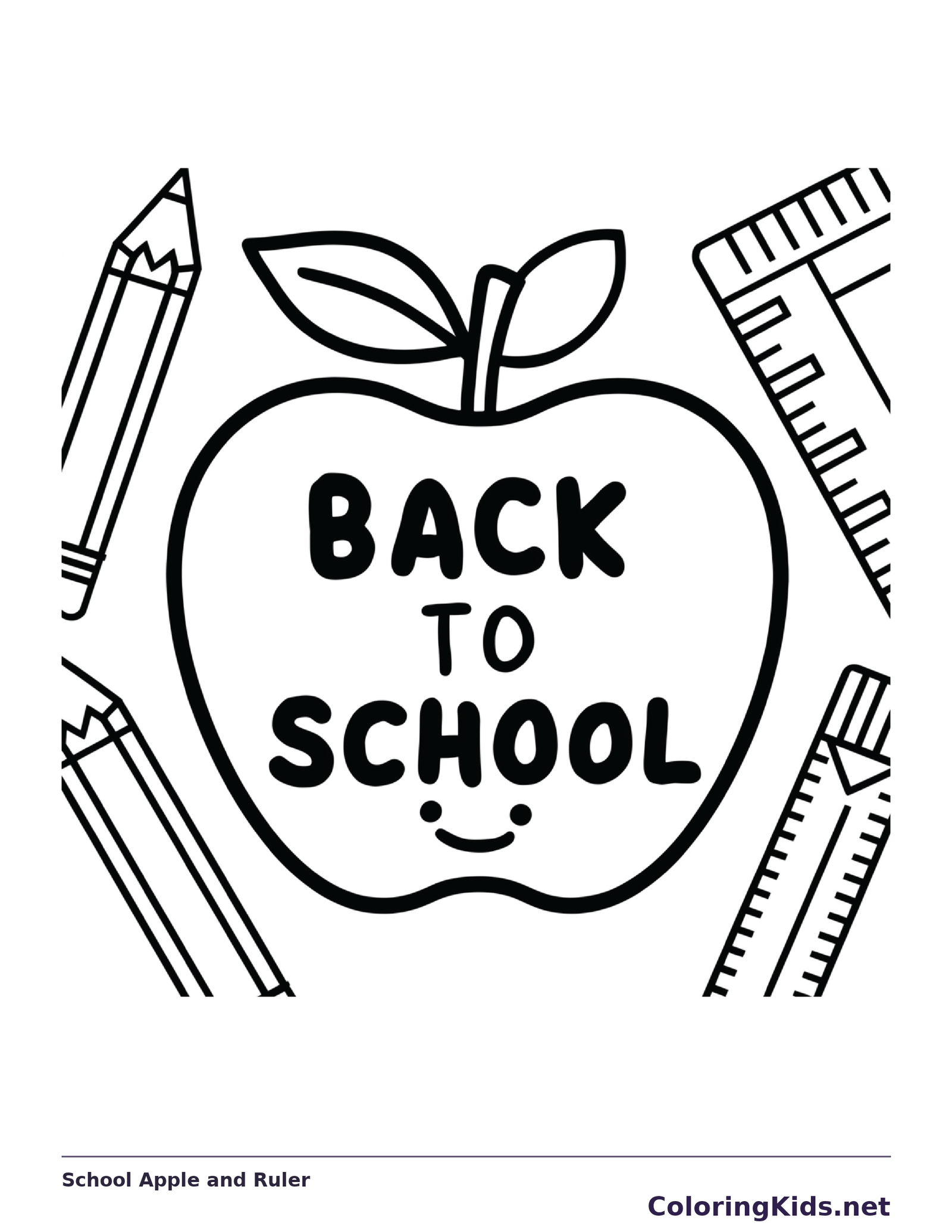 Black and white printable school apple and ruler coloring sheet