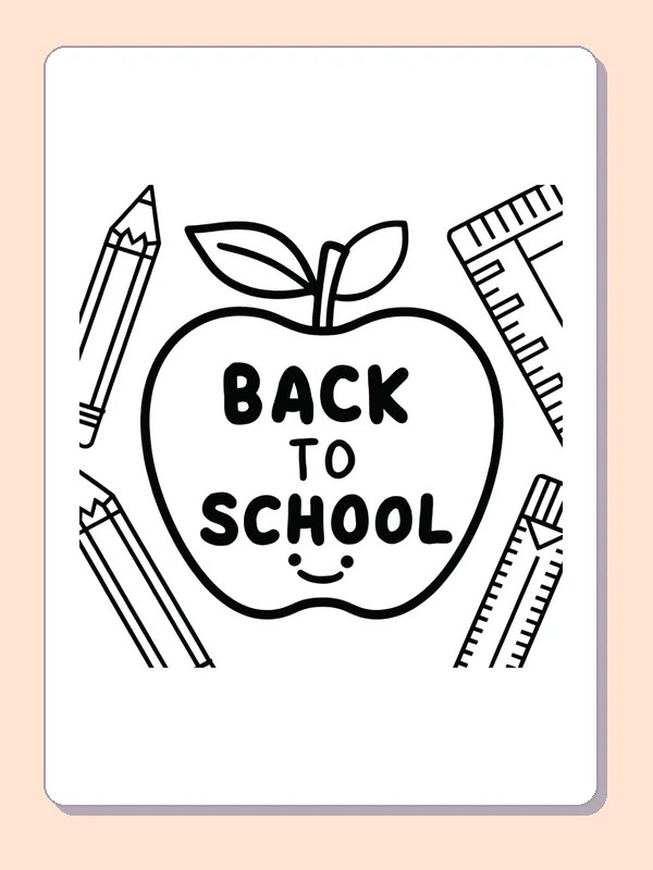 Black and white printable school apple and ruler coloring sheet