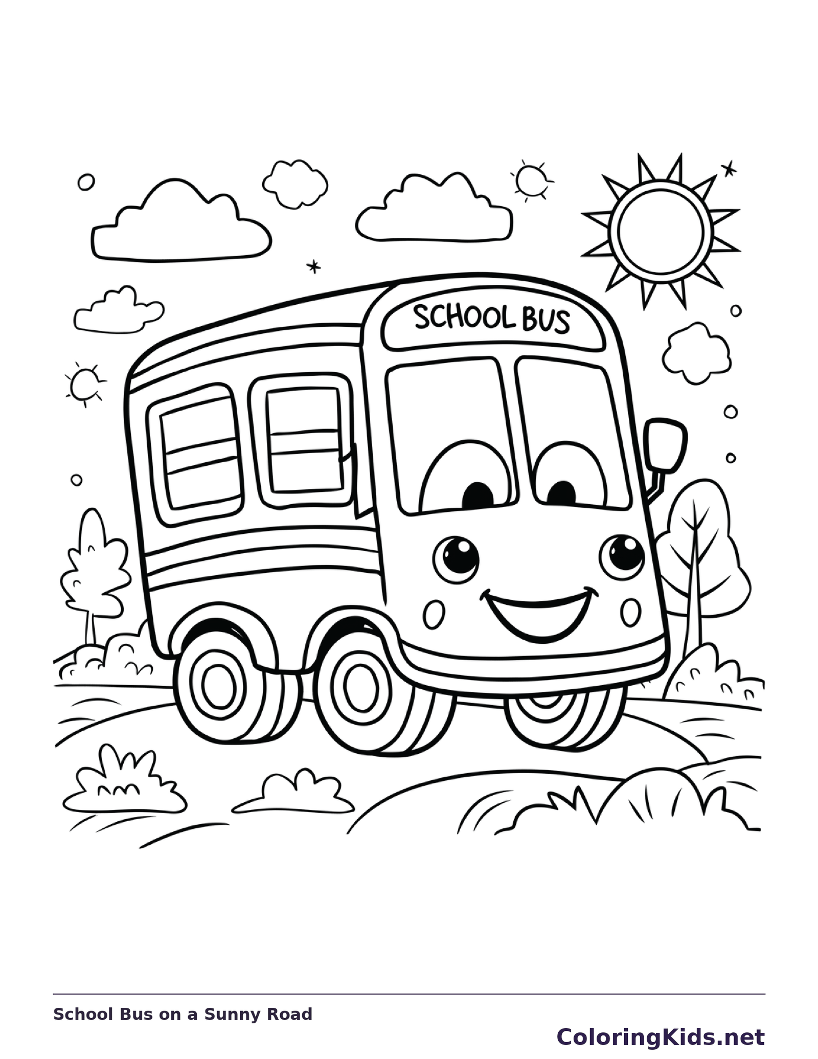 Black and white printable school bus on a sunny road coloring sheet