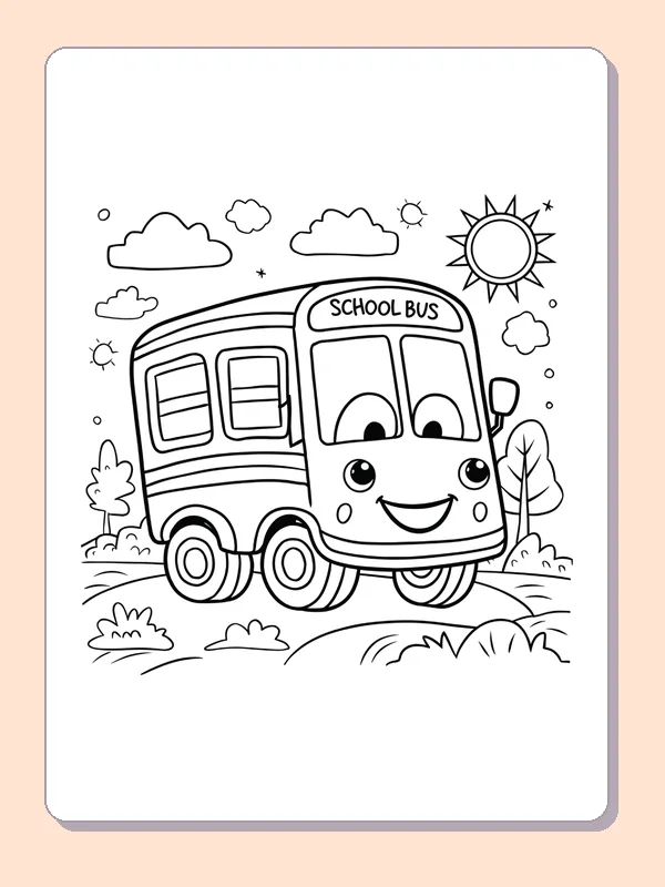 Black and white printable school bus on a sunny road coloring sheet