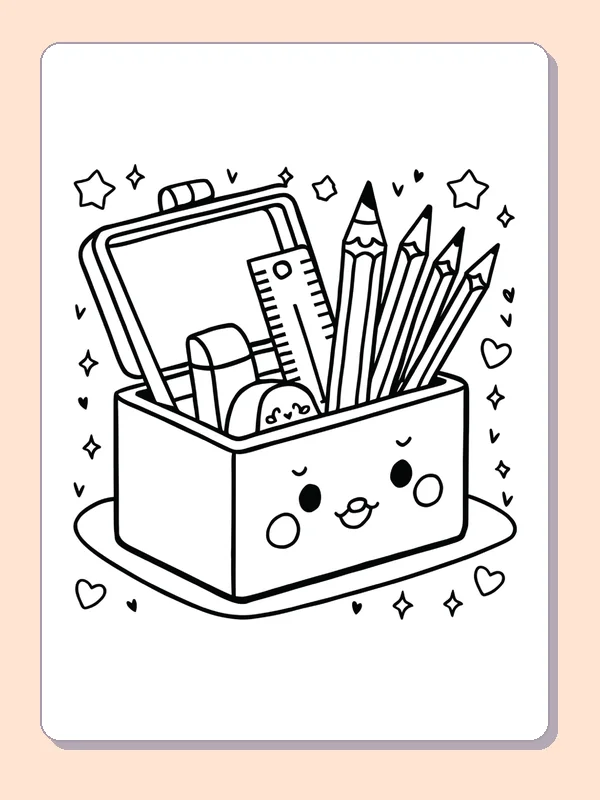 Black and white printable school supply box with pencils coloring sheet