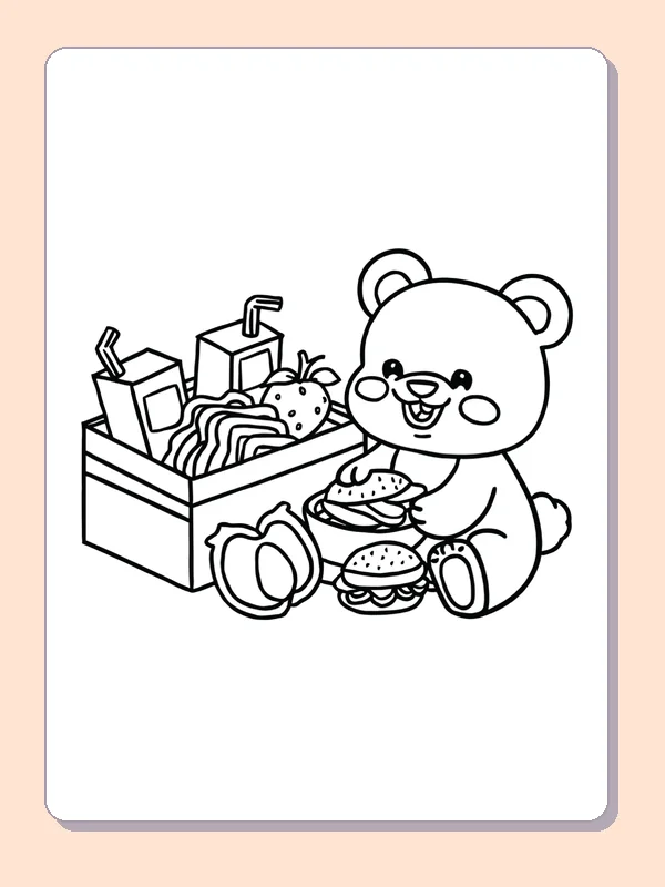 Black and white printable teddy bear with a packed lunch coloring sheet