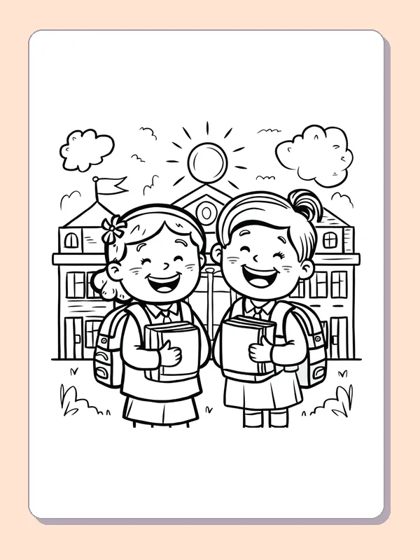 Black and white printable two friends arrive with books coloring sheet