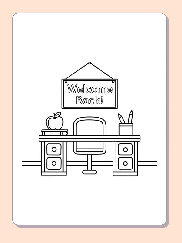 Black and white printable welcome back classroom desk coloring sheet