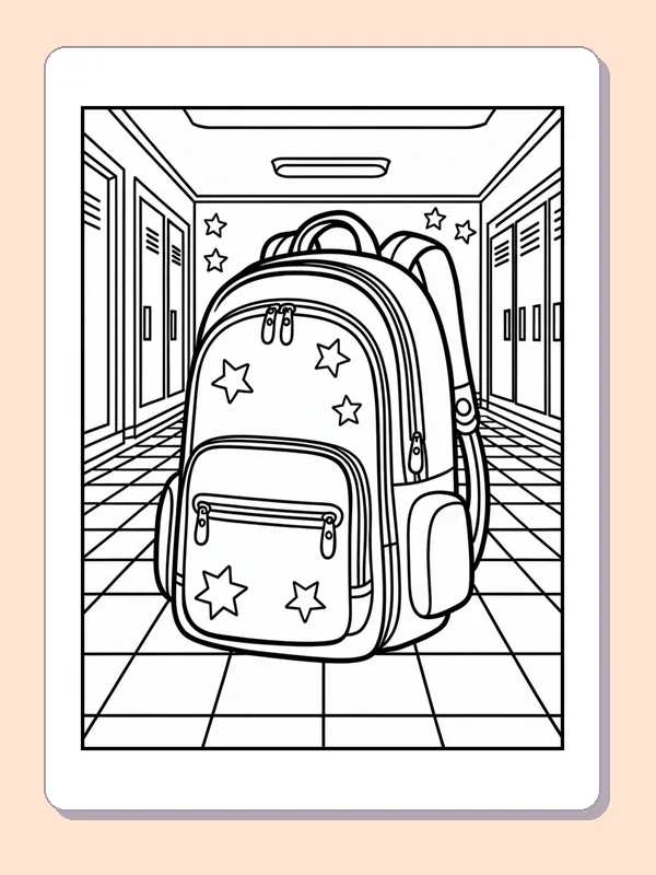 Backpack in school hallway black and white printable coloring page