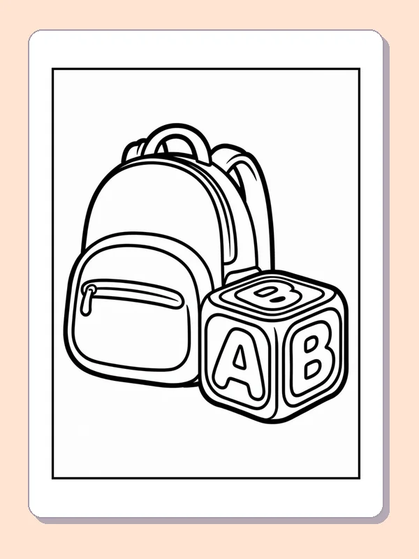 Black and white backpack and alphabet cube coloring page