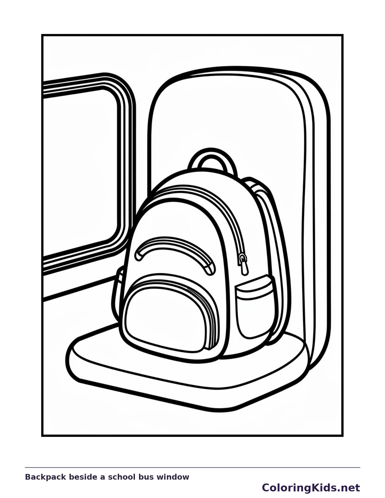 Black and white backpack beside a school bus window coloring page