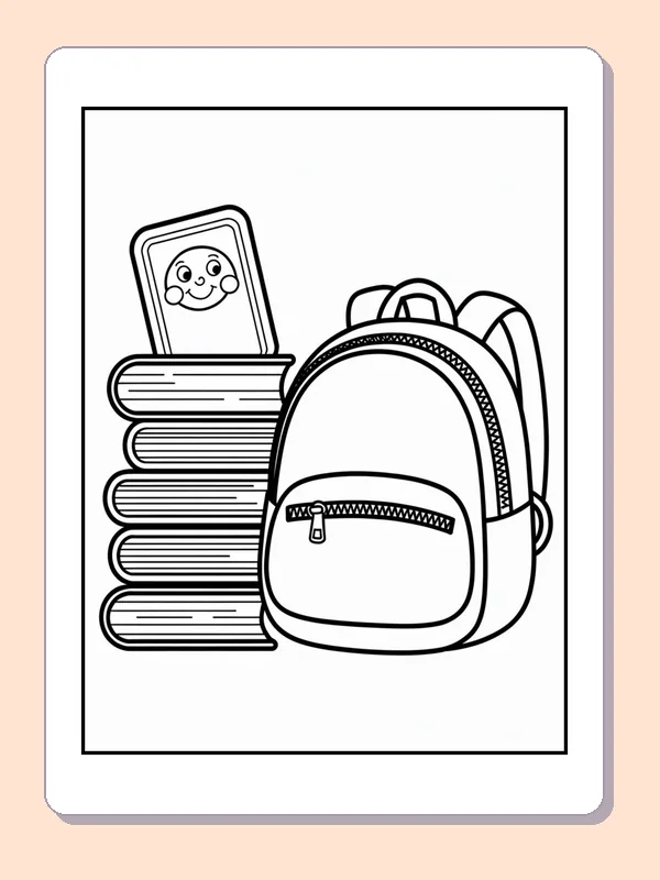 Black and white backpack beside a tall book stack coloring page