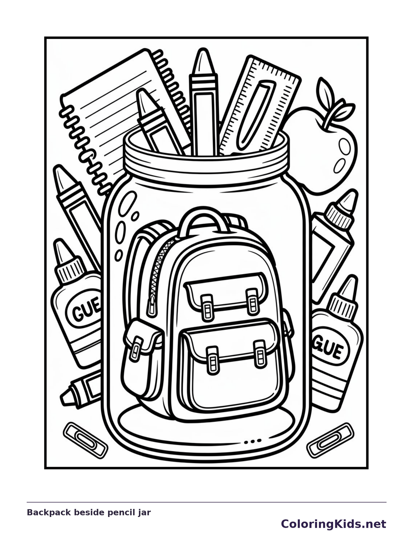 Backpack beside pencil jar black and white printable coloring page