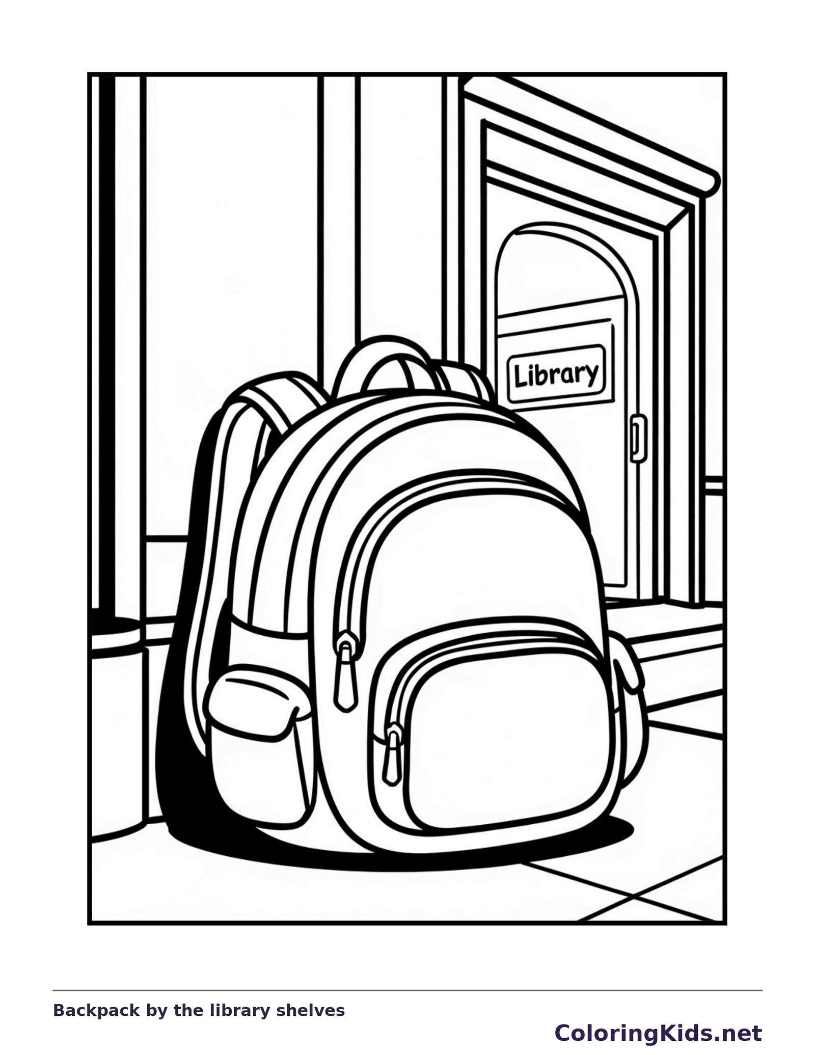 Black and white backpack by the library shelves coloring page