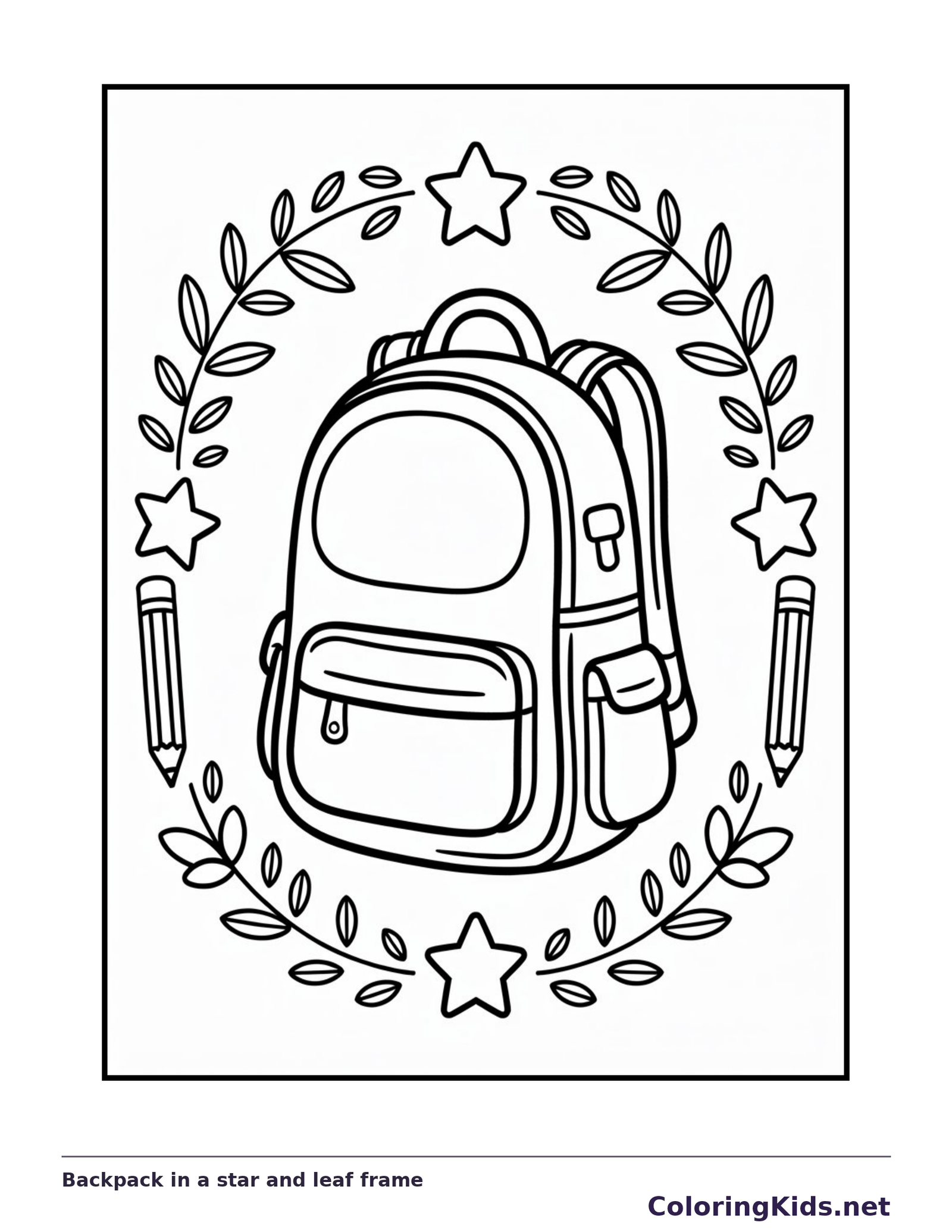 Black and white backpack in a star and leaf frame coloring page