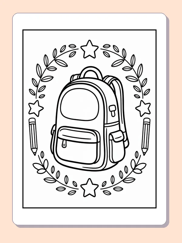 Black and white backpack in a star and leaf frame coloring page