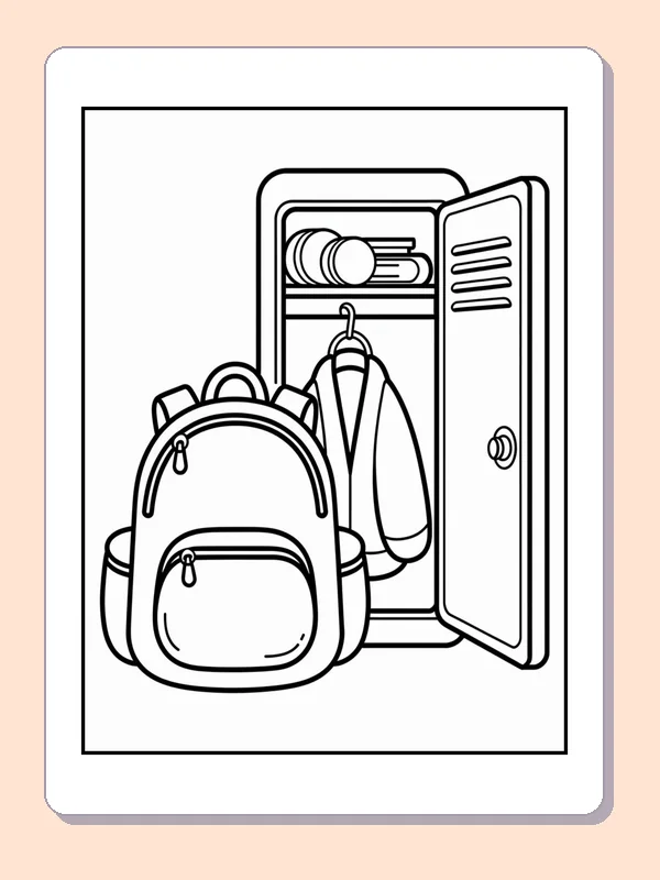 Black and white backpack inside a classroom cubby coloring page