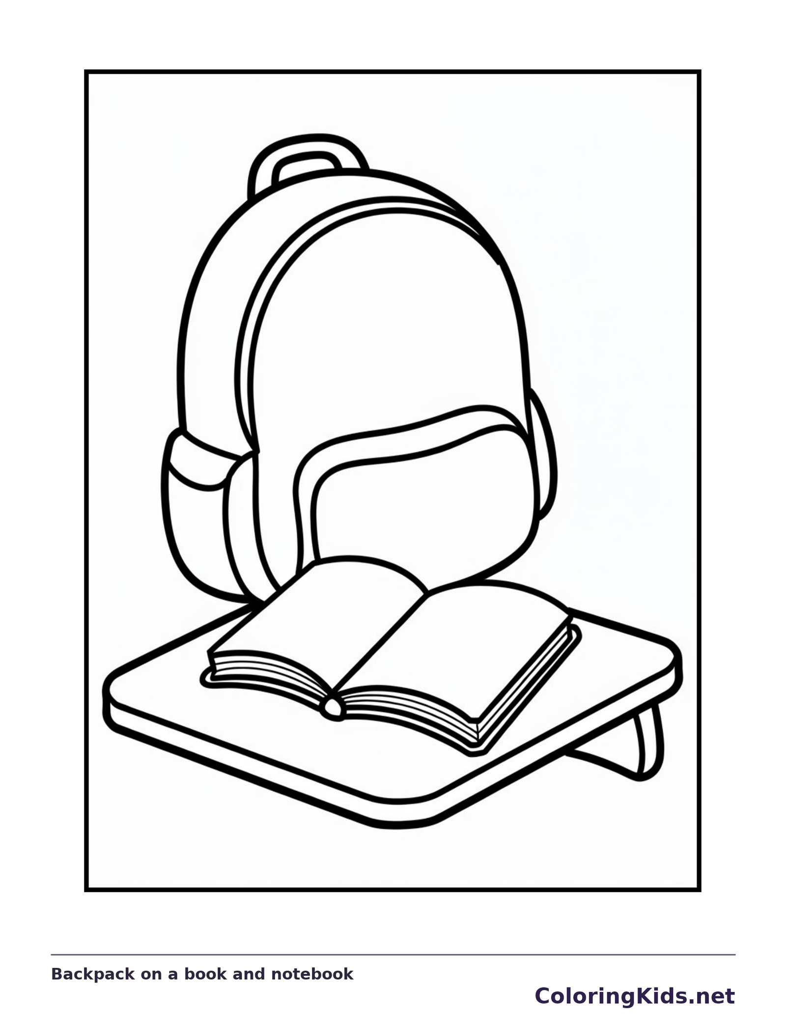 Black and white backpack on a book and notebook coloring page