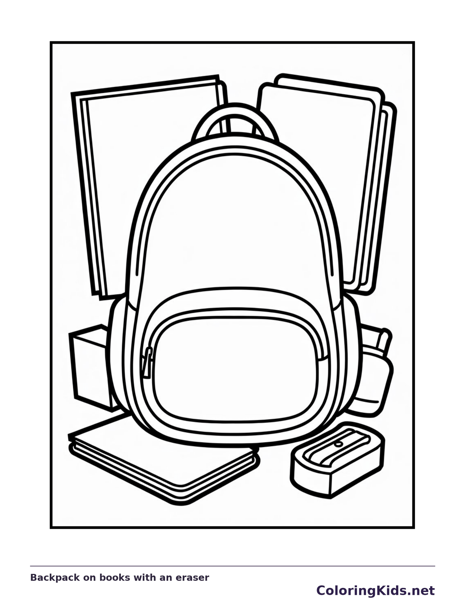 Black and white backpack on books with an eraser coloring page