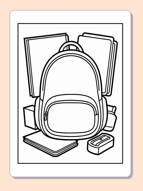 Black and white backpack on books with an eraser coloring page