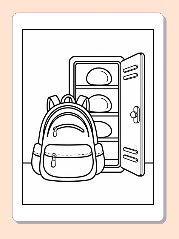 Black and white backpack outside an open locker coloring page