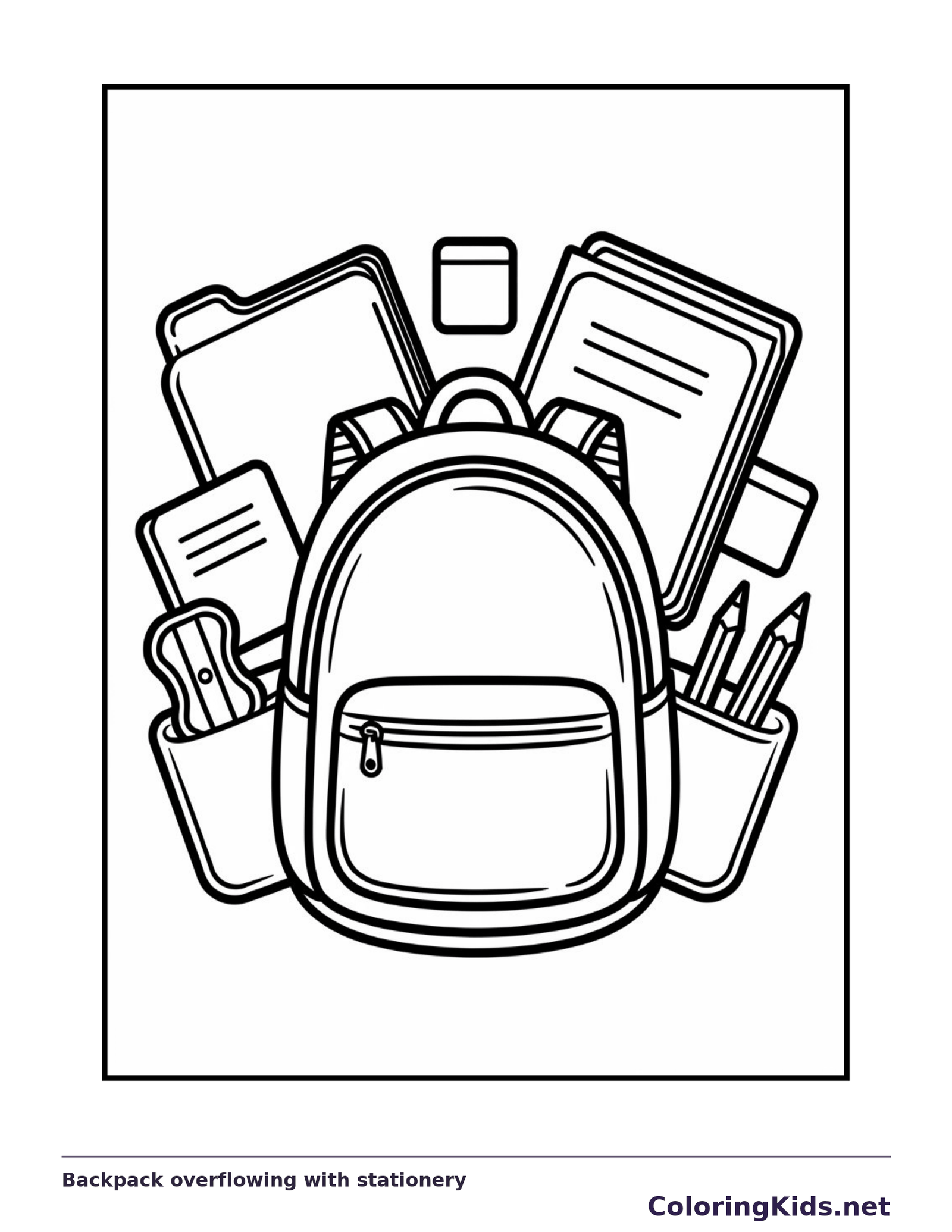 Black and white backpack overflowing with stationery coloring page