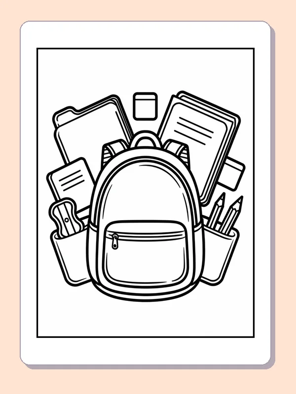 Black and white backpack overflowing with stationery coloring page