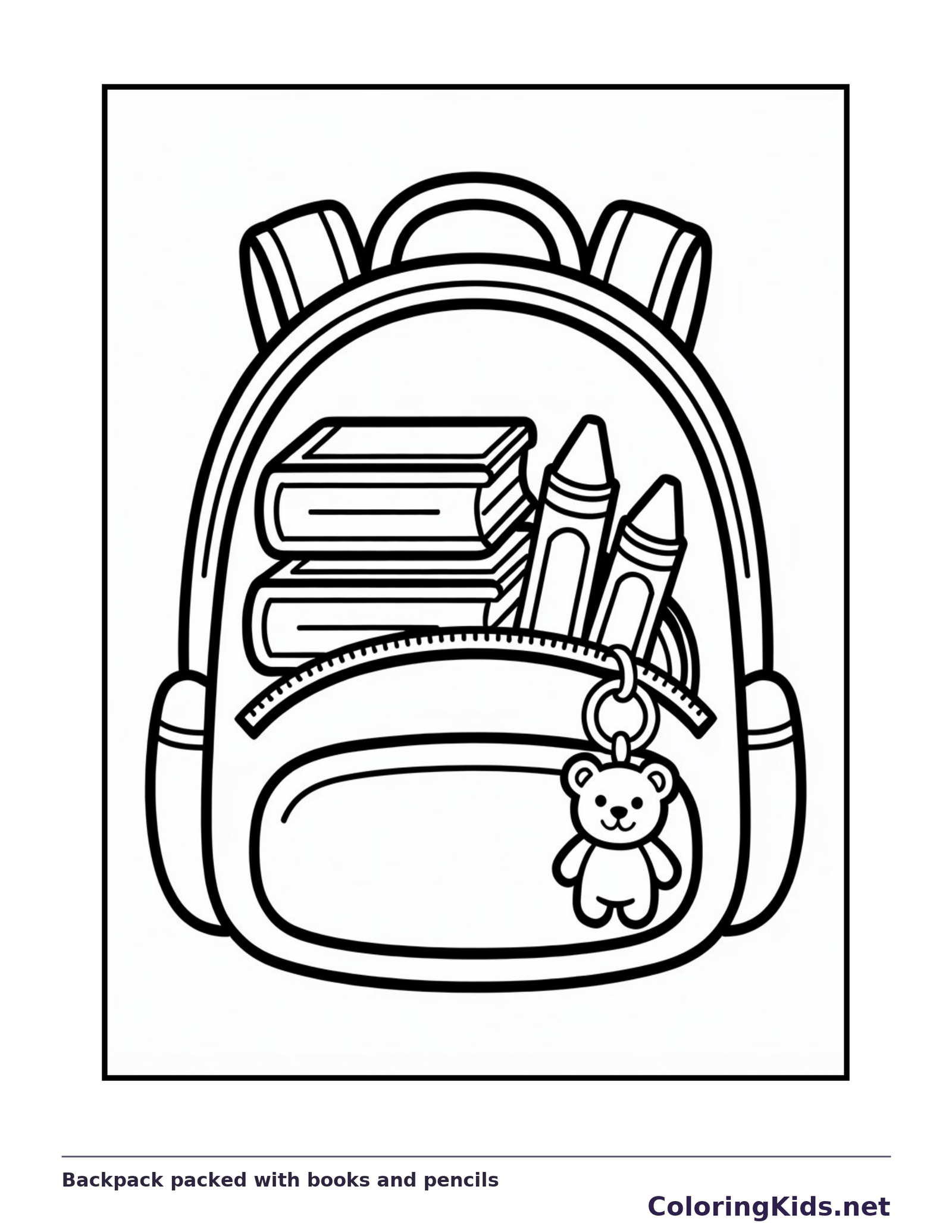Black and white backpack packed with books and pencils coloring page