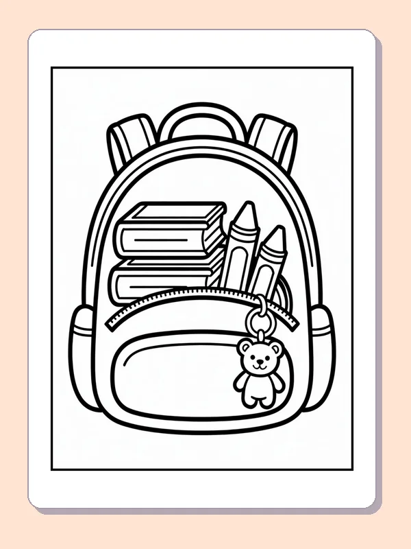 Black and white backpack packed with books and pencils coloring page
