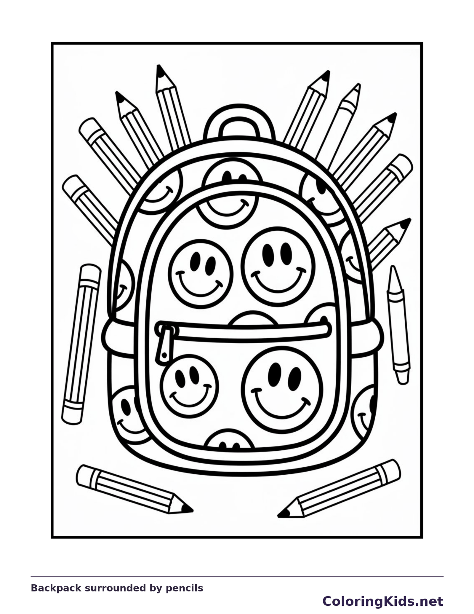 Black and white backpack surrounded by pencils coloring page