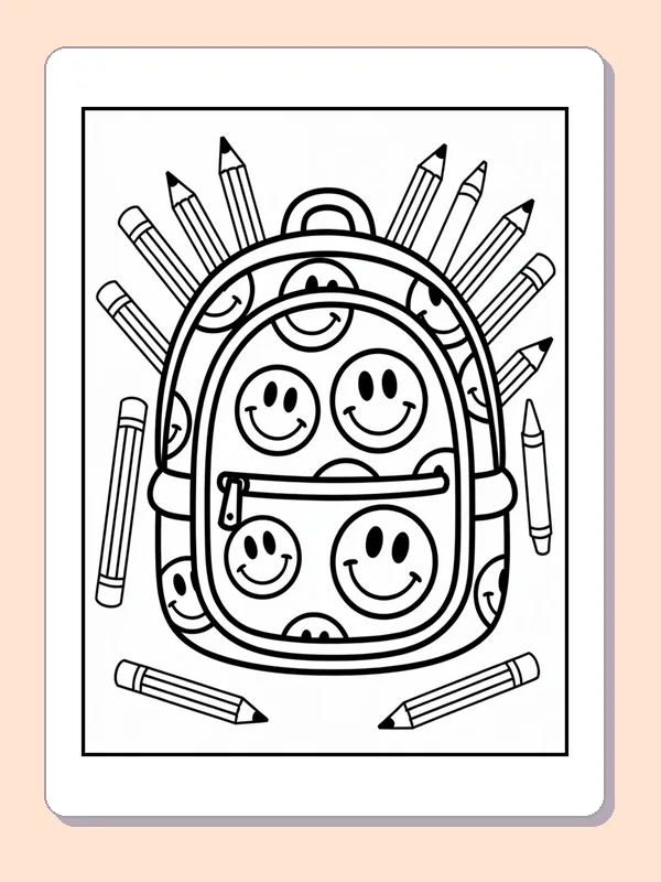 Black and white backpack surrounded by pencils coloring page