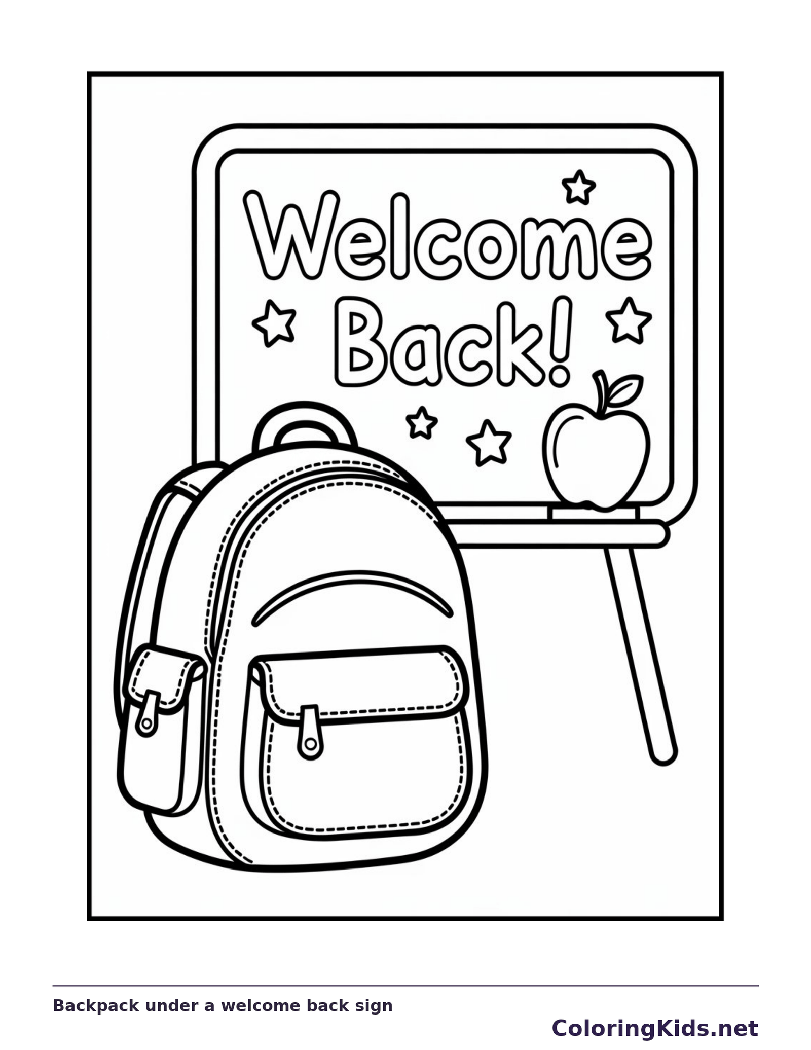 Black and white backpack under a welcome back sign coloring page