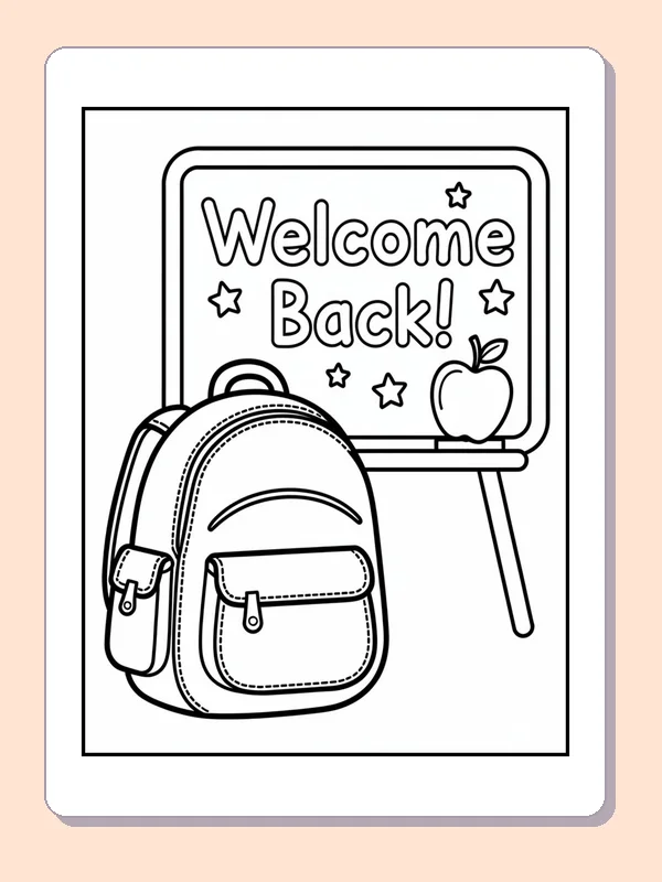 Black and white backpack under a welcome back sign coloring page