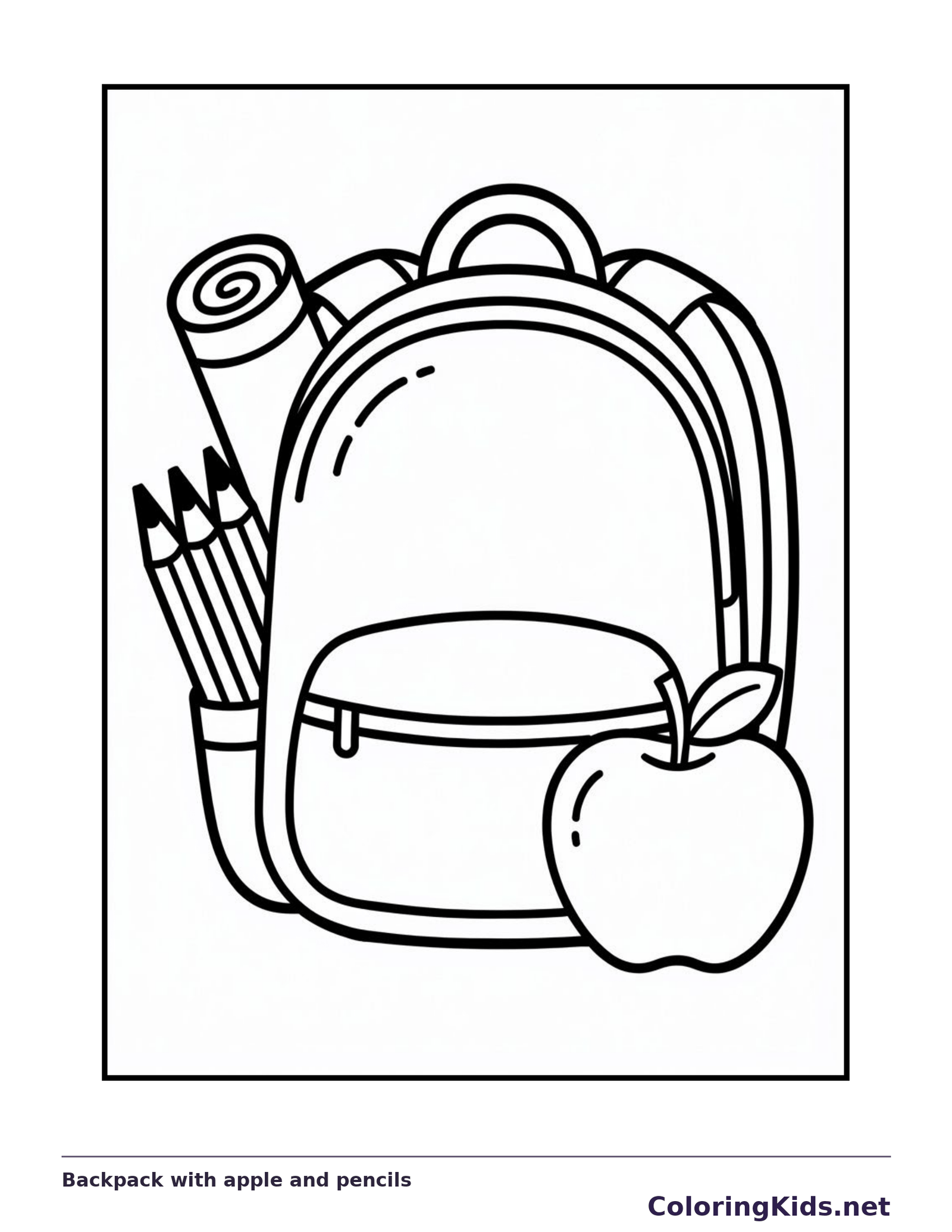 Black and white backpack with apple and pencils coloring page