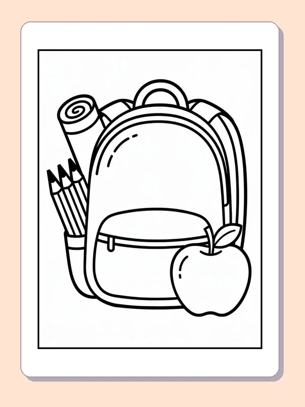 Black and white backpack with apple and pencils coloring page