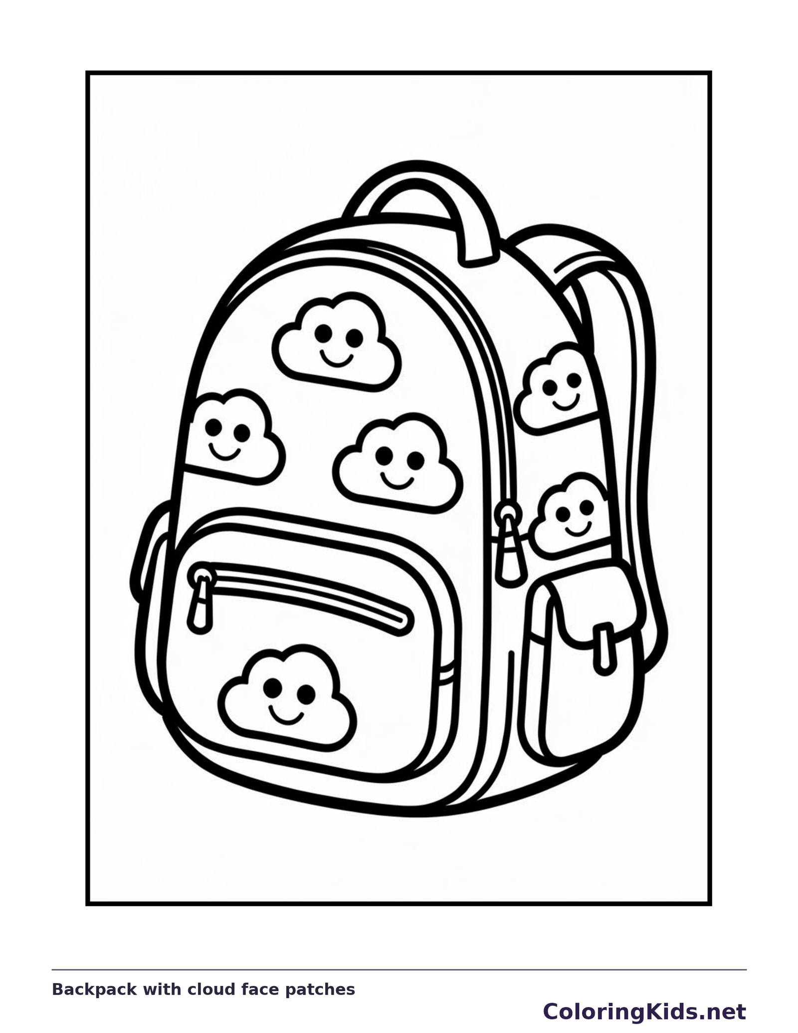 Black and white backpack with cloud face patches coloring page