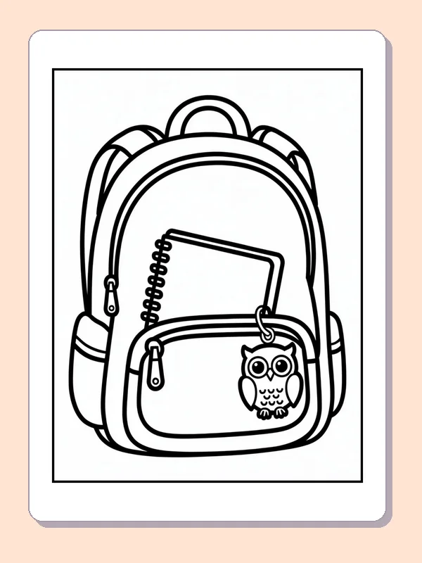 Black and white backpack with notebook and keychain coloring page
