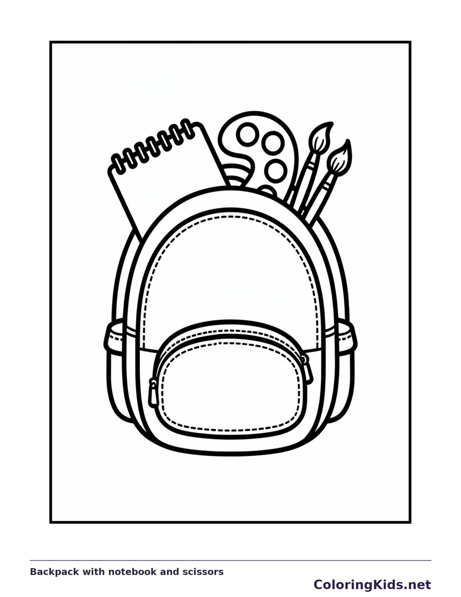 Black and white backpack with notebook and scissors coloring page