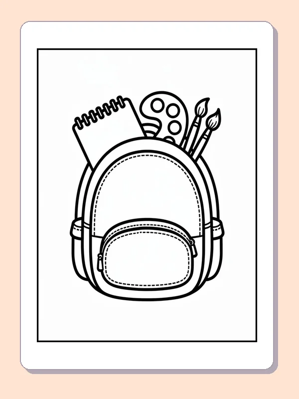 Black and white backpack with notebook and scissors coloring page