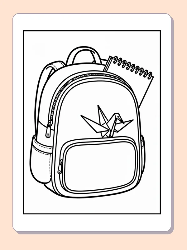 Black and white backpack with paper crane pocket coloring page