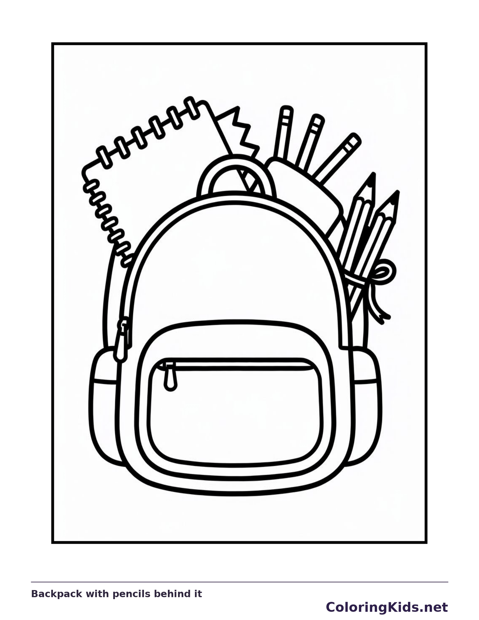 Black and white backpack with pencils behind it coloring page
