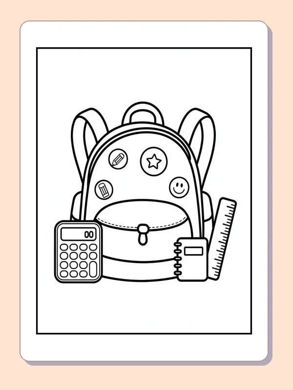 Black and white backpack with round buttons and calculator coloring page